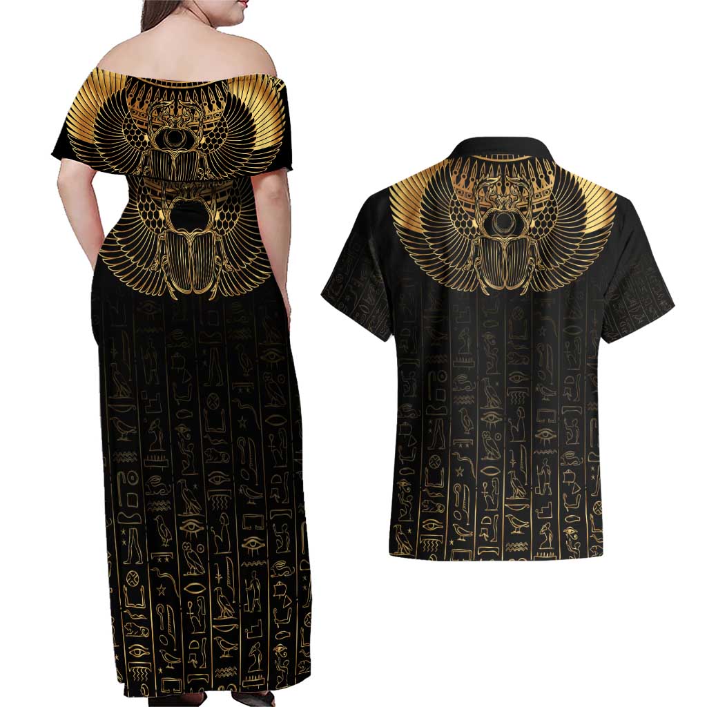 Ancient Egypt Scarab Couples Matching Off Shoulder Maxi Dress and Hawaiian Shirt Black Gold