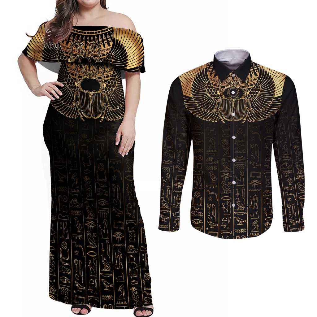 Ancient Egypt Scarab Couples Matching Off Shoulder Maxi Dress and Long Sleeve Button Shirt Black Gold