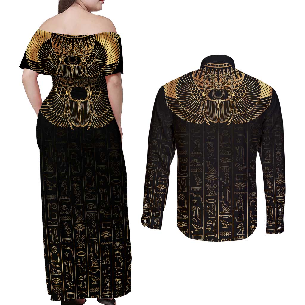 Ancient Egypt Scarab Couples Matching Off Shoulder Maxi Dress and Long Sleeve Button Shirt Black Gold
