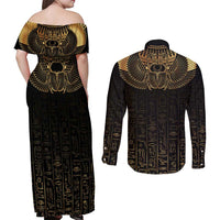 Ancient Egypt Scarab Couples Matching Off Shoulder Maxi Dress and Long Sleeve Button Shirt Black Gold