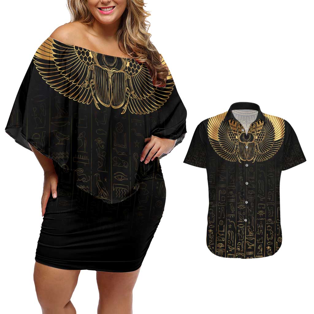 Ancient Egypt Scarab Couples Matching Off Shoulder Short Dress and Hawaiian Shirt Black Gold