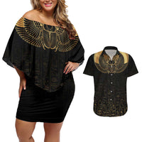 Ancient Egypt Scarab Couples Matching Off Shoulder Short Dress and Hawaiian Shirt Black Gold