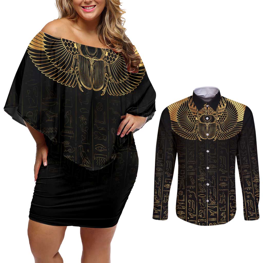 Ancient Egypt Scarab Couples Matching Off Shoulder Short Dress and Long Sleeve Button Shirt Black Gold