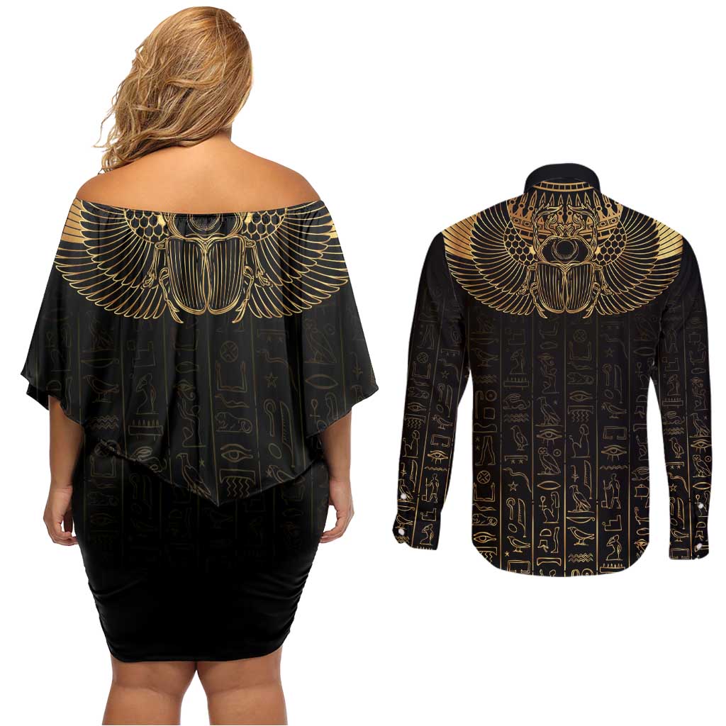 Ancient Egypt Scarab Couples Matching Off Shoulder Short Dress and Long Sleeve Button Shirt Black Gold