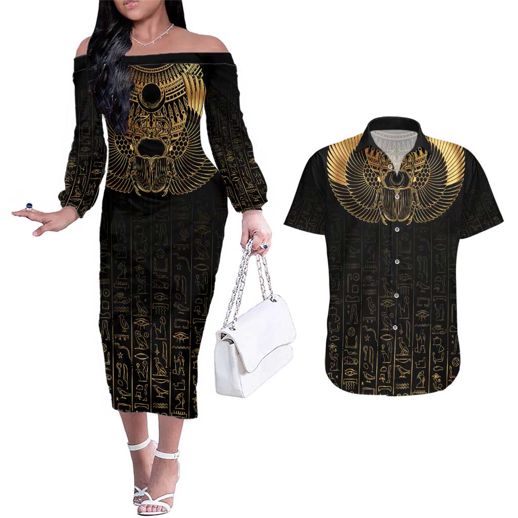 Ancient Egypt Scarab Couples Matching Off The Shoulder Long Sleeve Dress and Hawaiian Shirt Black Gold