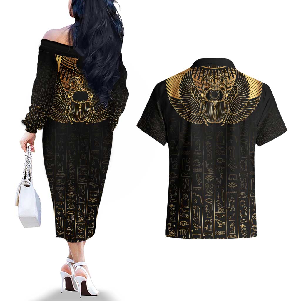 Ancient Egypt Scarab Couples Matching Off The Shoulder Long Sleeve Dress and Hawaiian Shirt Black Gold
