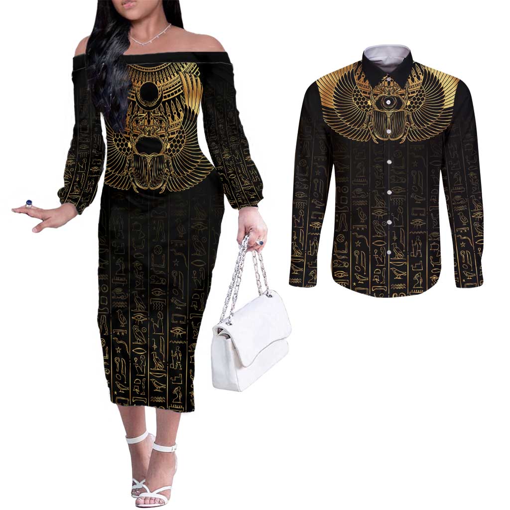 Ancient Egypt Scarab Couples Matching Off The Shoulder Long Sleeve Dress and Long Sleeve Button Shirt Black Gold