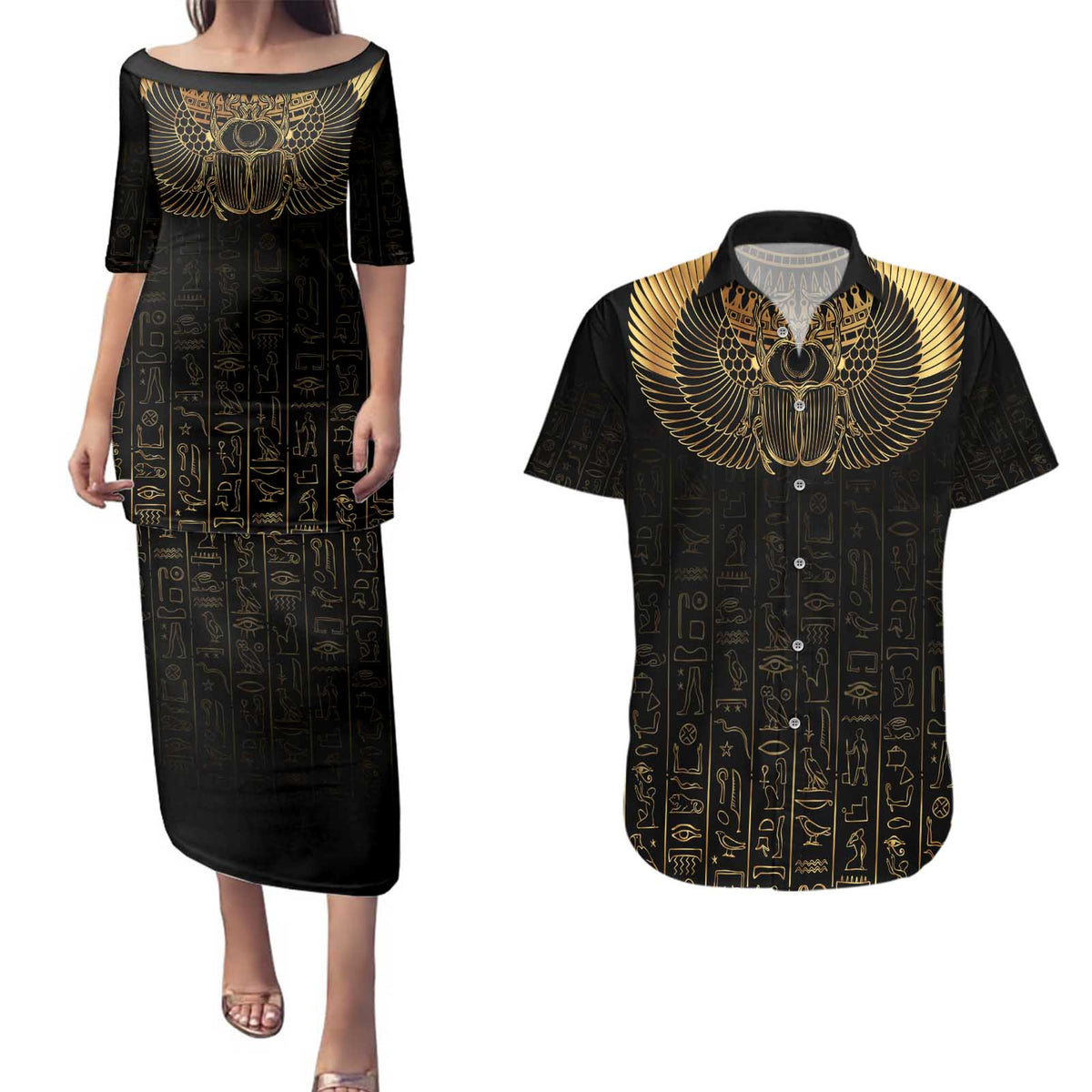 Ancient Egypt Scarab Couples Matching Puletasi and Hawaiian Shirt Black Gold