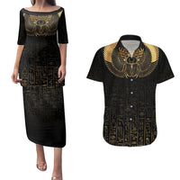 Ancient Egypt Scarab Couples Matching Puletasi and Hawaiian Shirt Black Gold