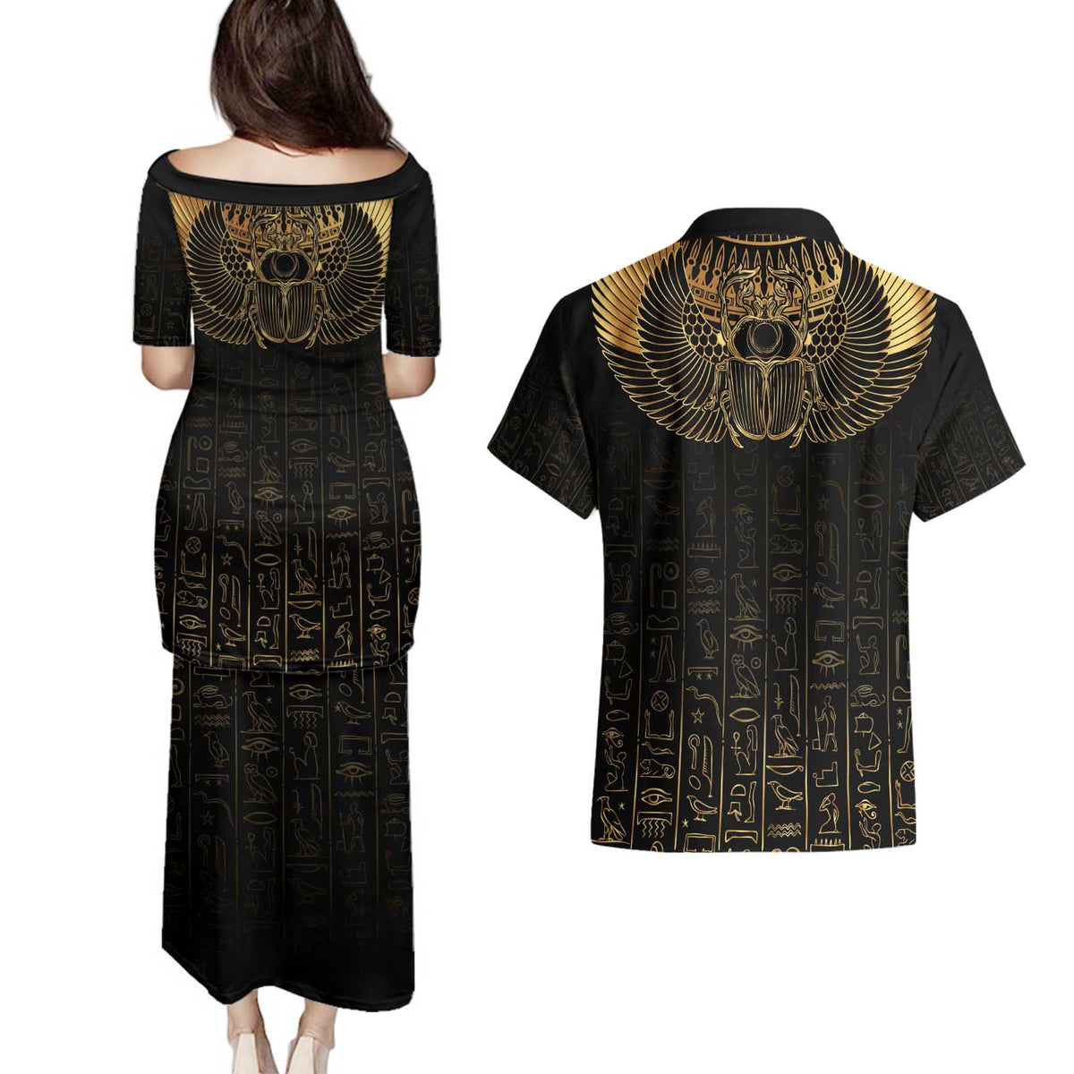 Ancient Egypt Scarab Couples Matching Puletasi and Hawaiian Shirt Black Gold