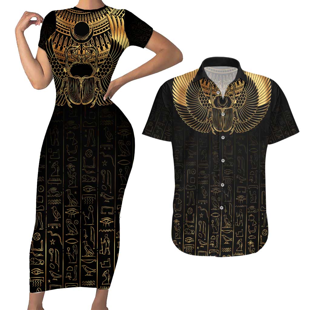 Ancient Egypt Scarab Couples Matching Short Sleeve Bodycon Dress and Hawaiian Shirt Black Gold