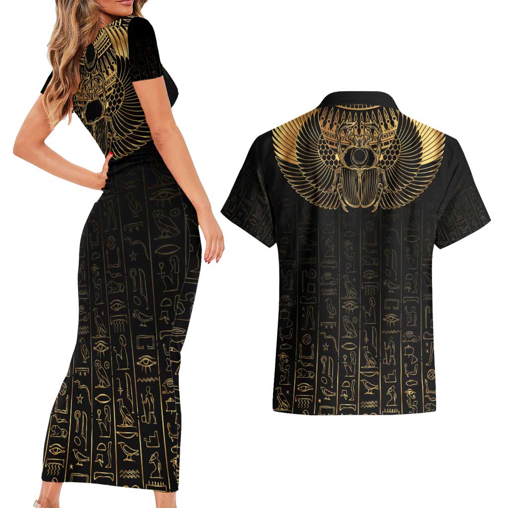 Ancient Egypt Scarab Couples Matching Short Sleeve Bodycon Dress and Hawaiian Shirt Black Gold