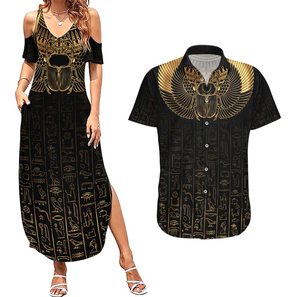 Ancient Egypt Scarab Couples Matching Summer Maxi Dress and Hawaiian Shirt Black Gold