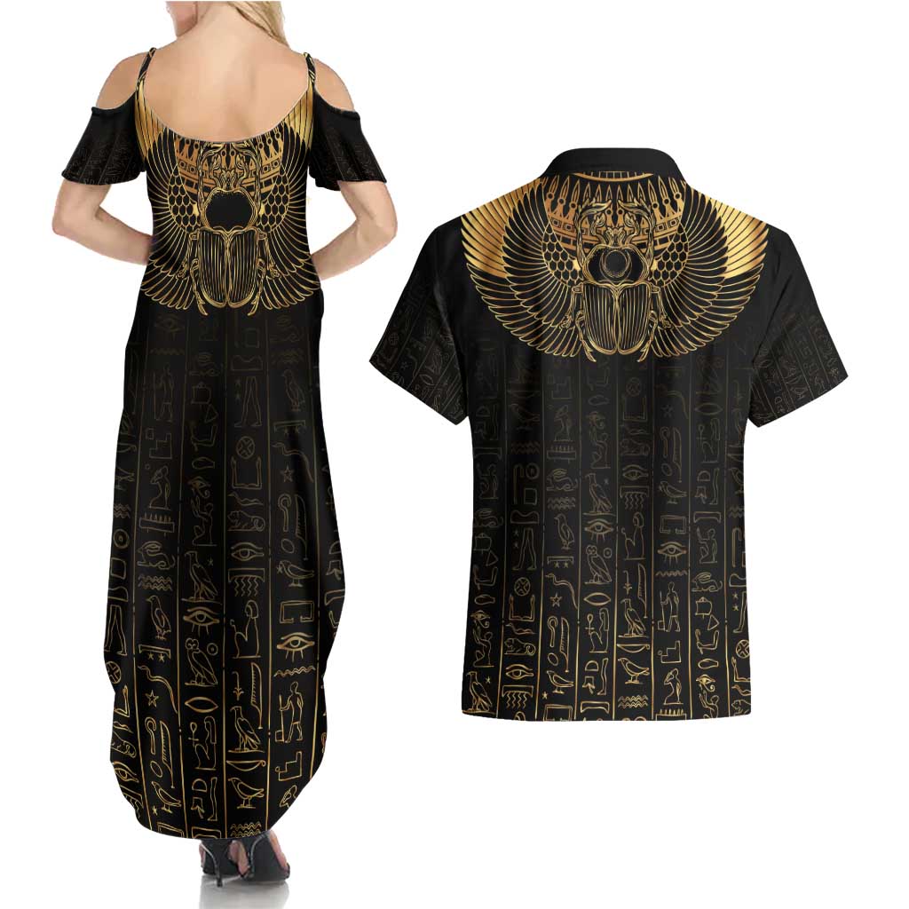 Ancient Egypt Scarab Couples Matching Summer Maxi Dress and Hawaiian Shirt Black Gold