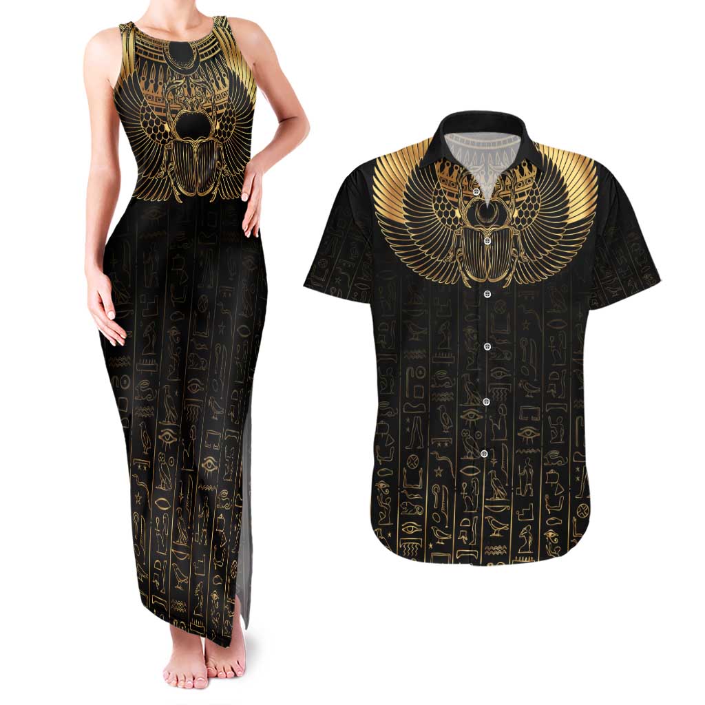 Ancient Egypt Scarab Couples Matching Tank Maxi Dress and Hawaiian Shirt Black Gold
