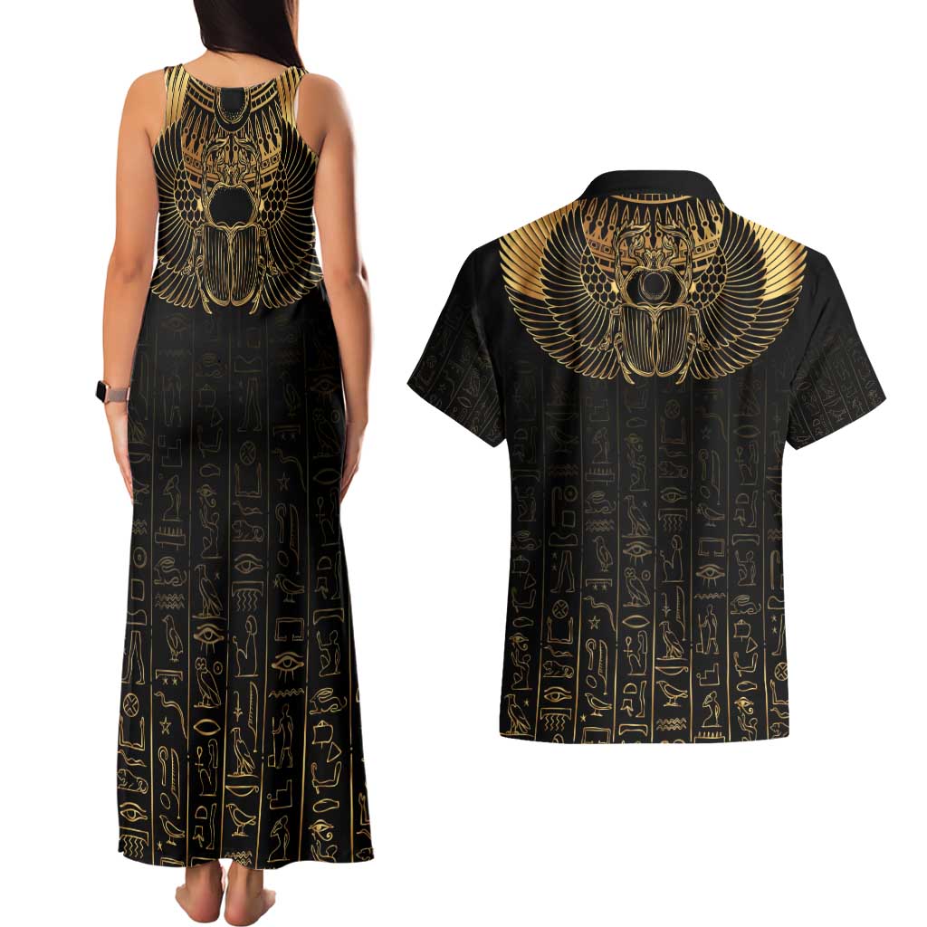 Ancient Egypt Scarab Couples Matching Tank Maxi Dress and Hawaiian Shirt Black Gold