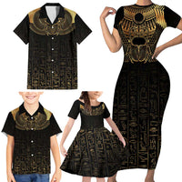 Ancient Egypt Scarab Family Matching Short Sleeve Bodycon Dress and Hawaiian Shirt Black Gold