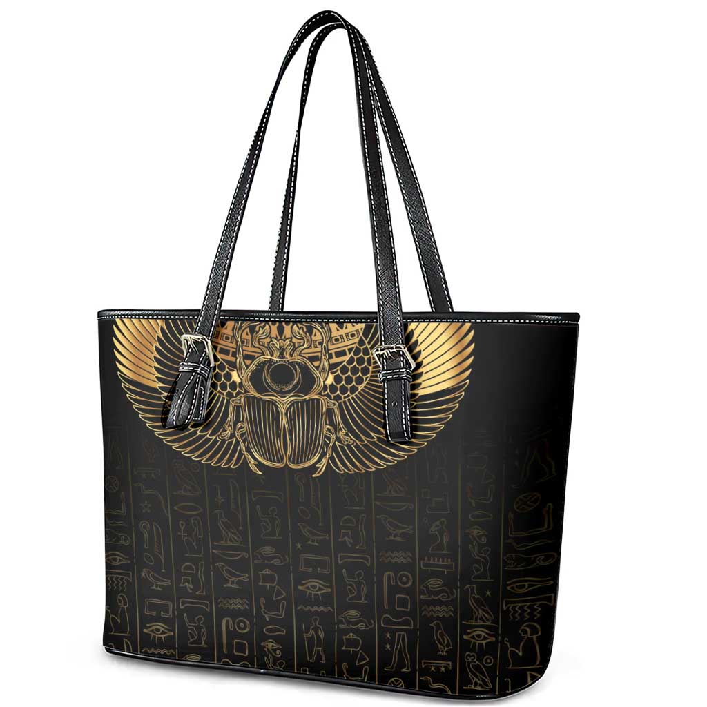 Ancient Egypt Scarab Leather Tote Bag Black Gold