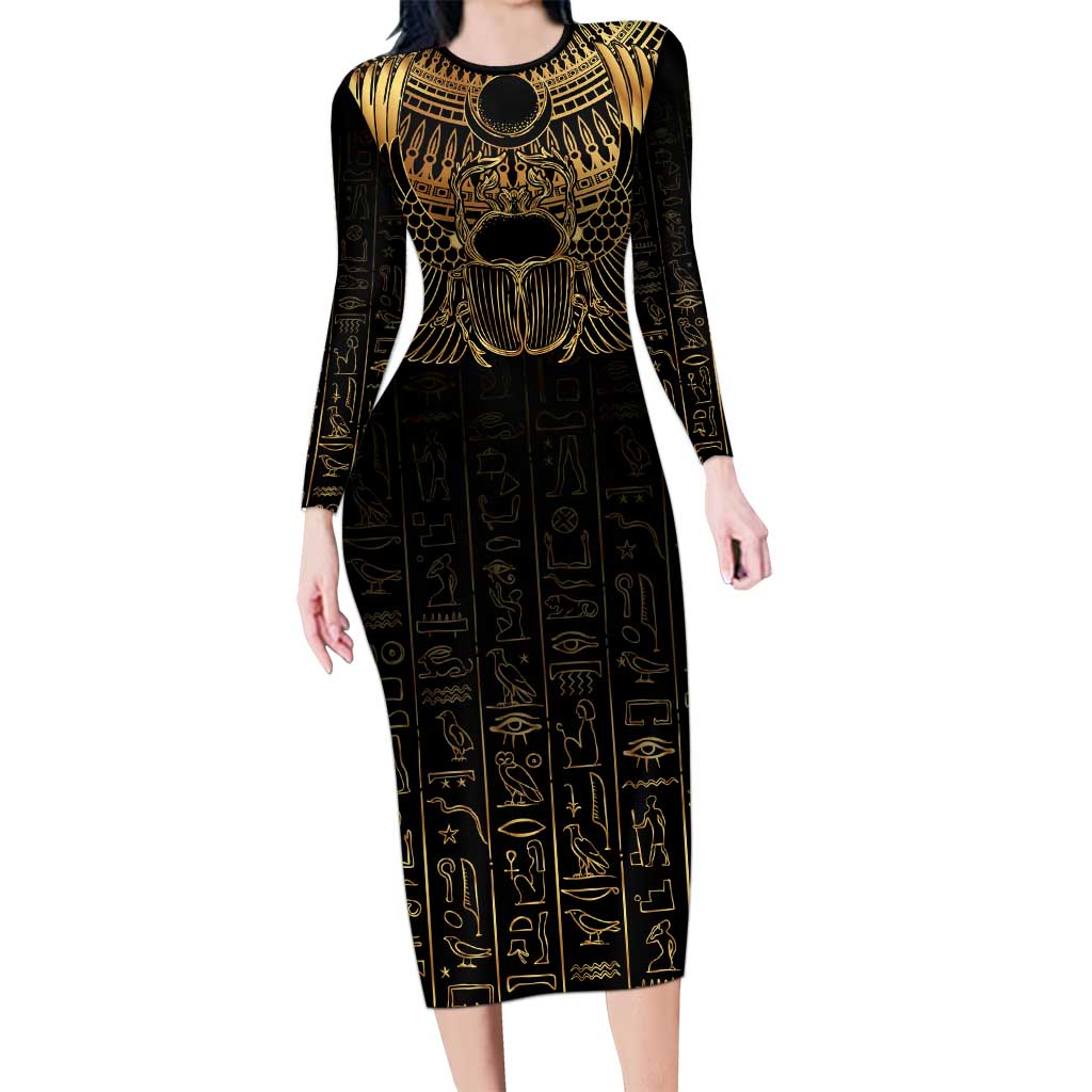 Ancient Egypt Scarab Long Sleeve Bodycon Dress Black Gold
