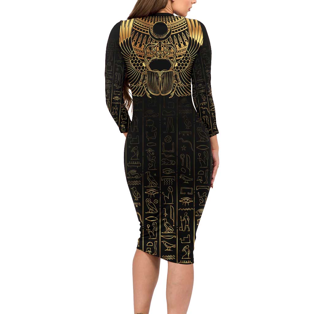 Ancient Egypt Scarab Long Sleeve Bodycon Dress Black Gold