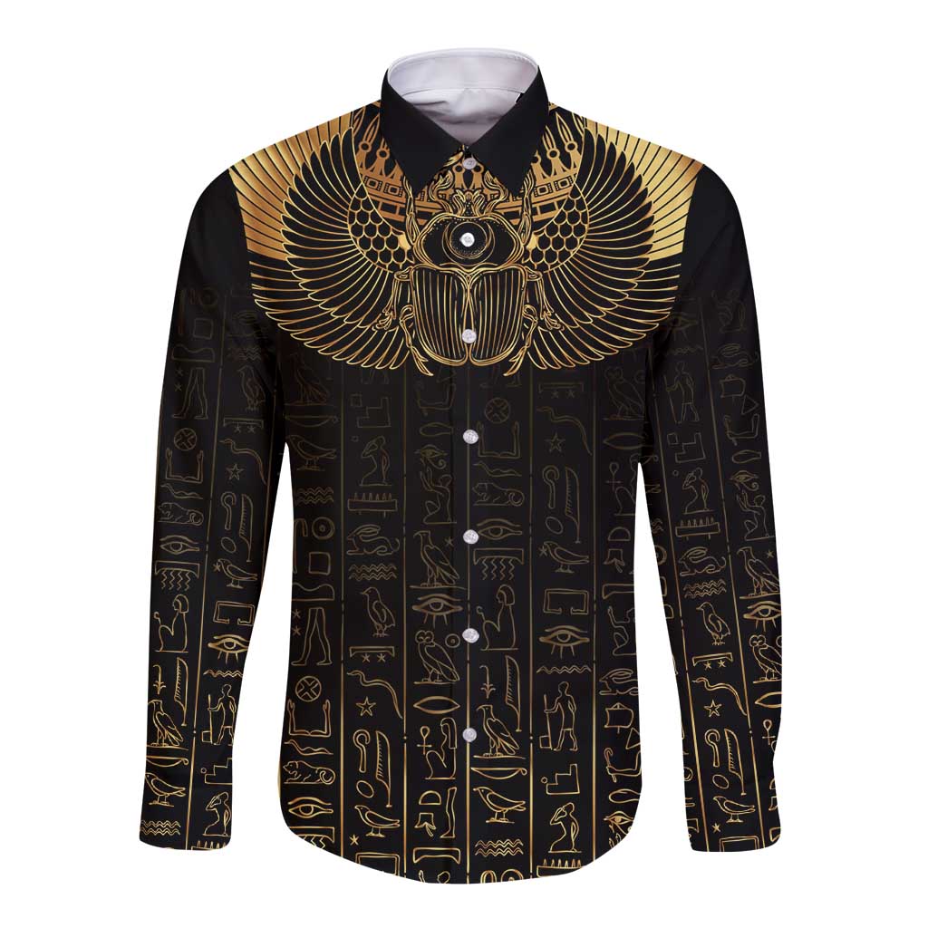 Ancient Egypt Scarab Long Sleeve Button Shirt Black Gold