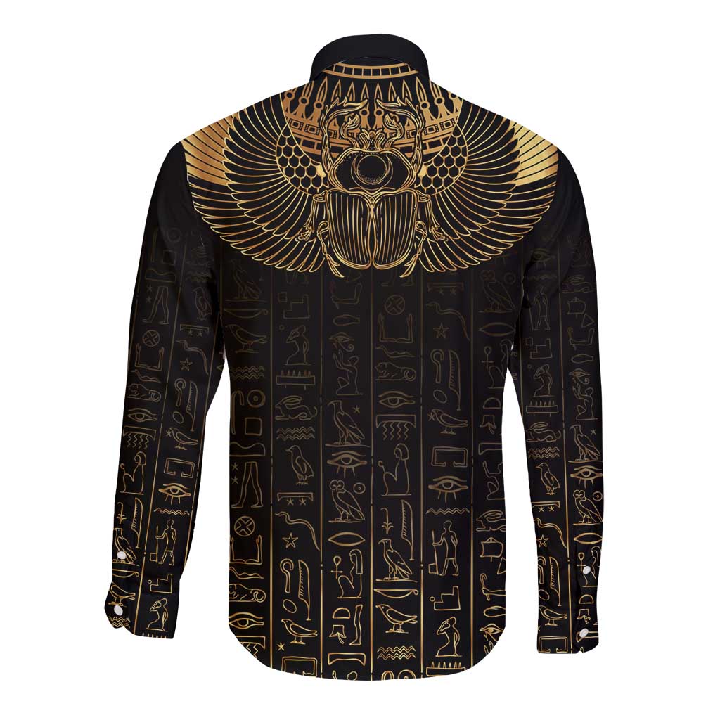 Ancient Egypt Scarab Long Sleeve Button Shirt Black Gold
