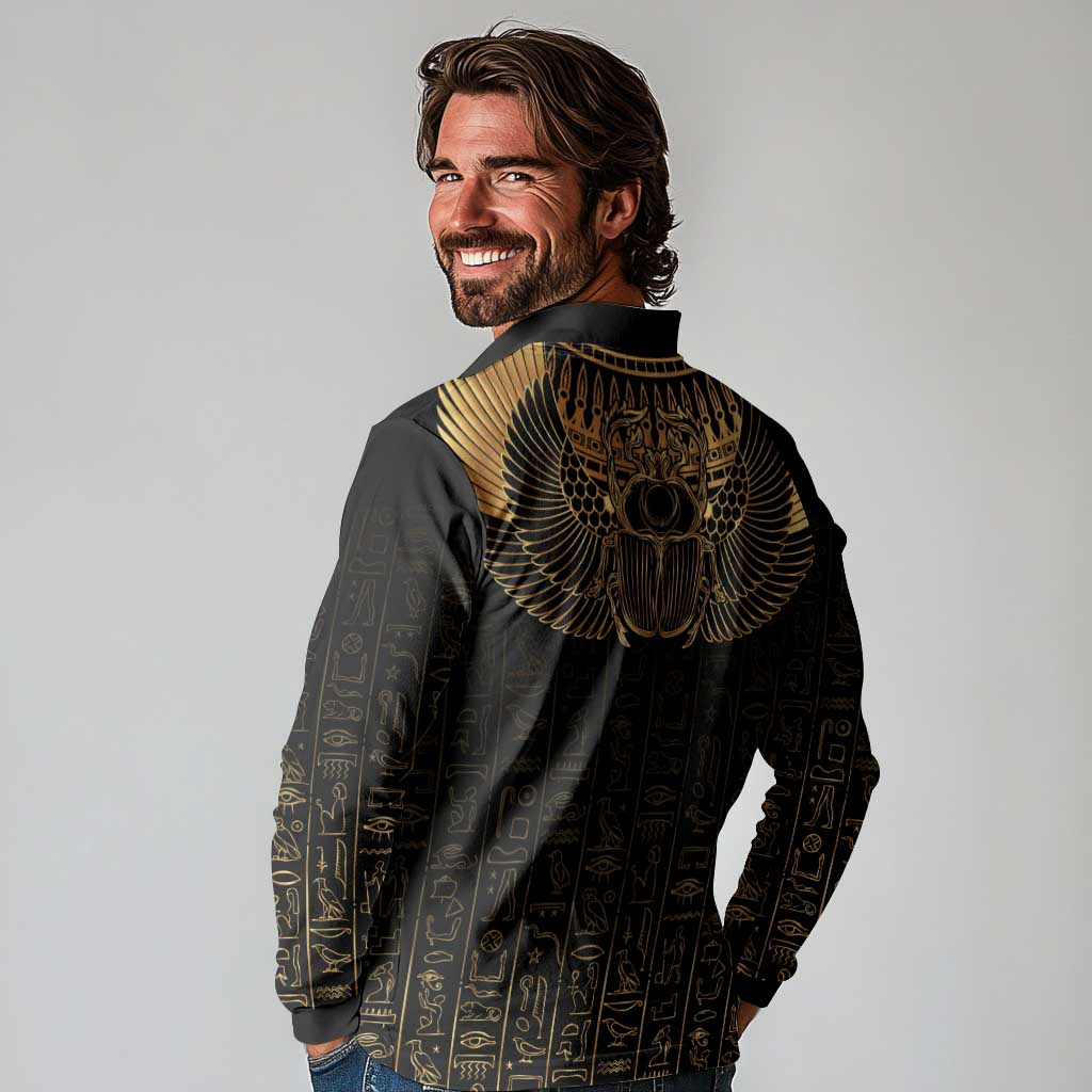Ancient Egypt Scarab Long Sleeve Polo Shirt Black Gold