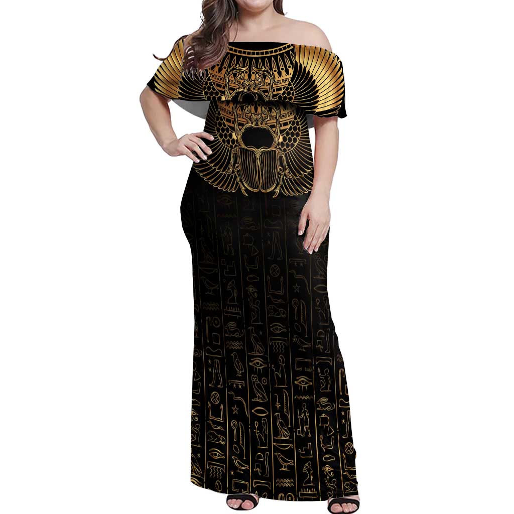 Ancient Egypt Scarab Off Shoulder Maxi Dress Black Gold