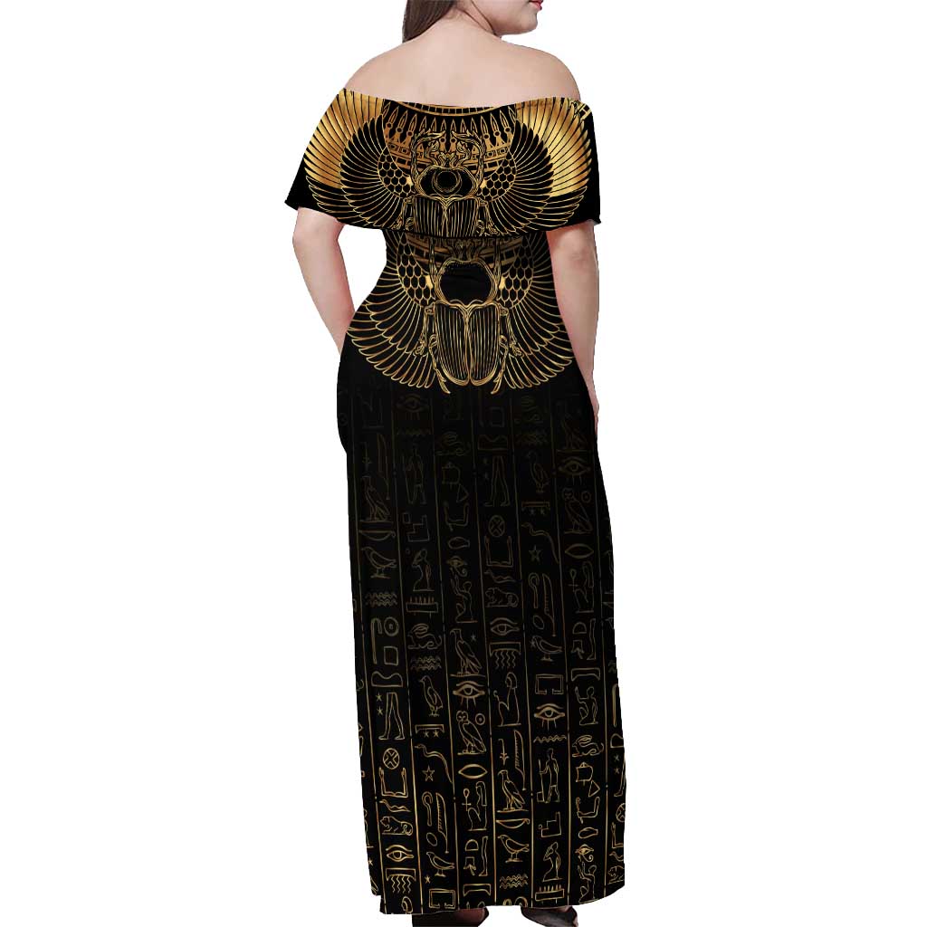 Ancient Egypt Scarab Off Shoulder Maxi Dress Black Gold