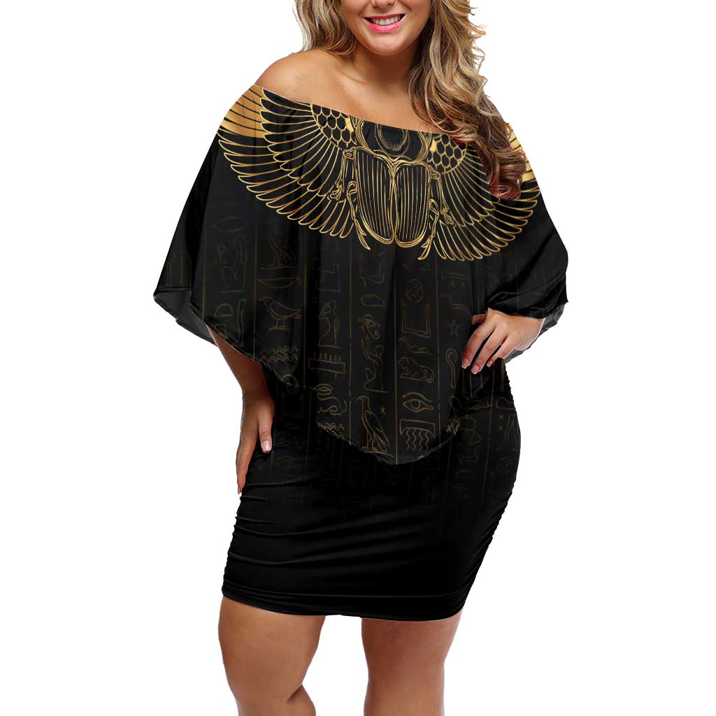 Ancient Egypt Scarab Off Shoulder Short Dress Black Gold