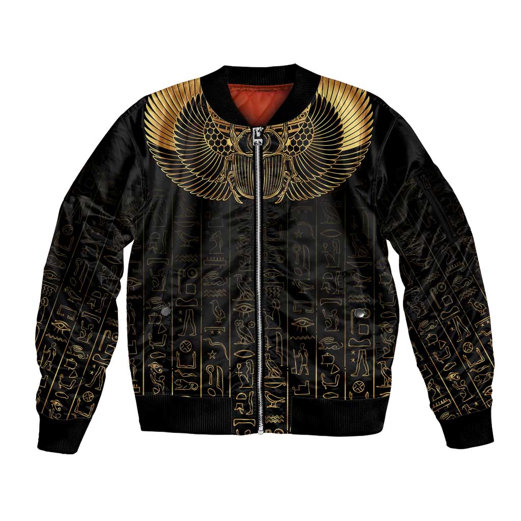 Ancient Egypt Scarab Sleeve Zip Bomber Jacket Black Gold