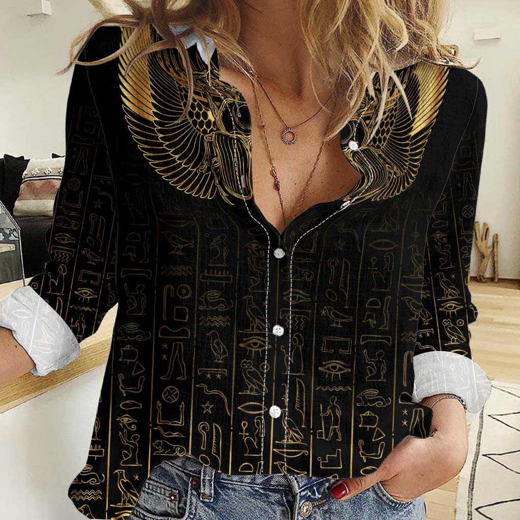 Ancient Egypt Scarab Women Casual Shirt Black Gold