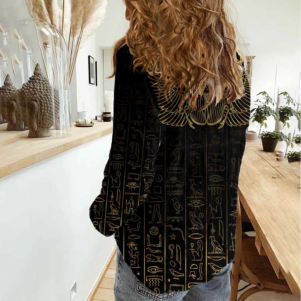 Ancient Egypt Scarab Women Casual Shirt Black Gold