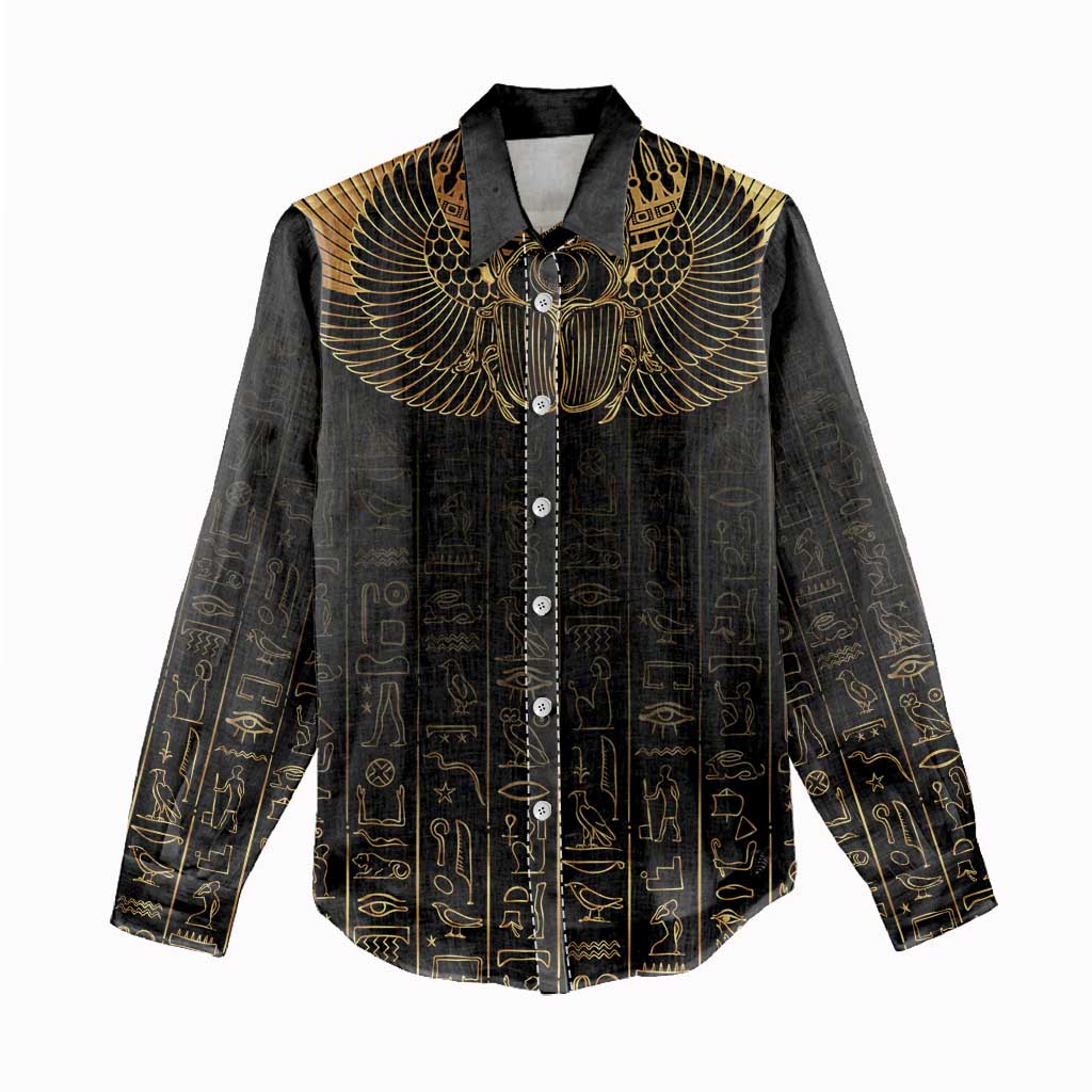 Ancient Egypt Scarab Women Casual Shirt Black Gold