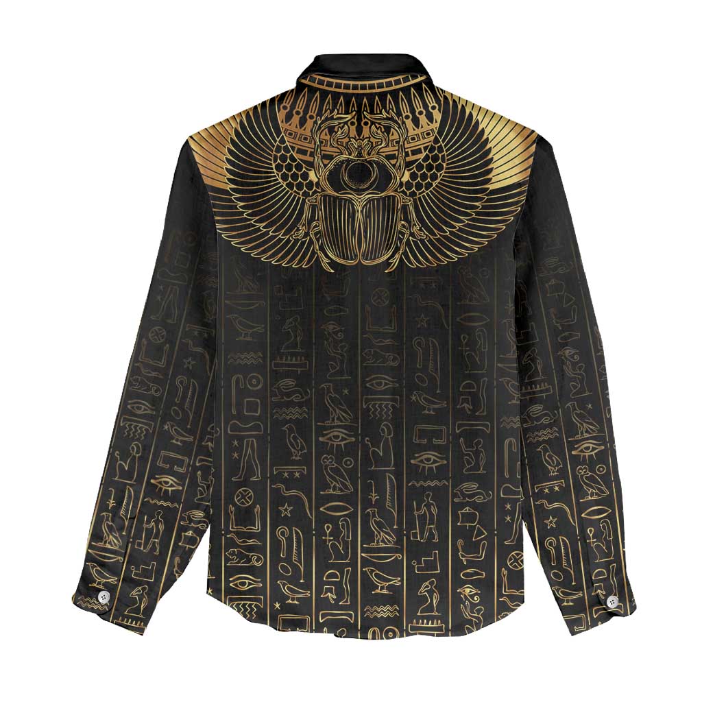 Ancient Egypt Scarab Women Casual Shirt Black Gold