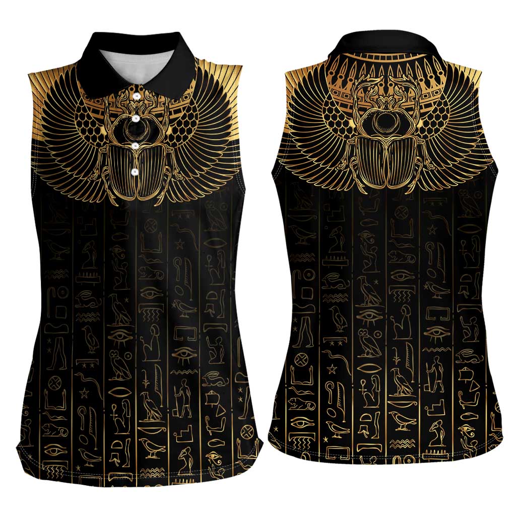 Ancient Egypt Scarab Women Sleeveless Polo Shirt Black Gold