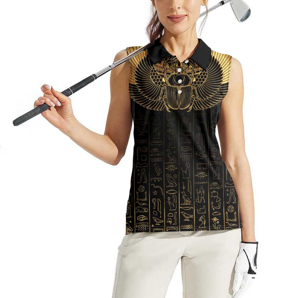 Ancient Egypt Scarab Women Sleeveless Polo Shirt Black Gold