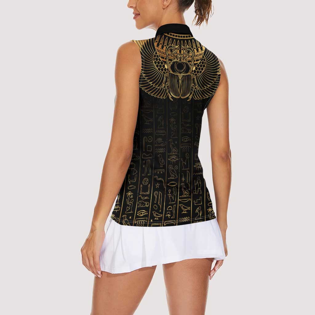 Ancient Egypt Scarab Women Sleeveless Polo Shirt Black Gold