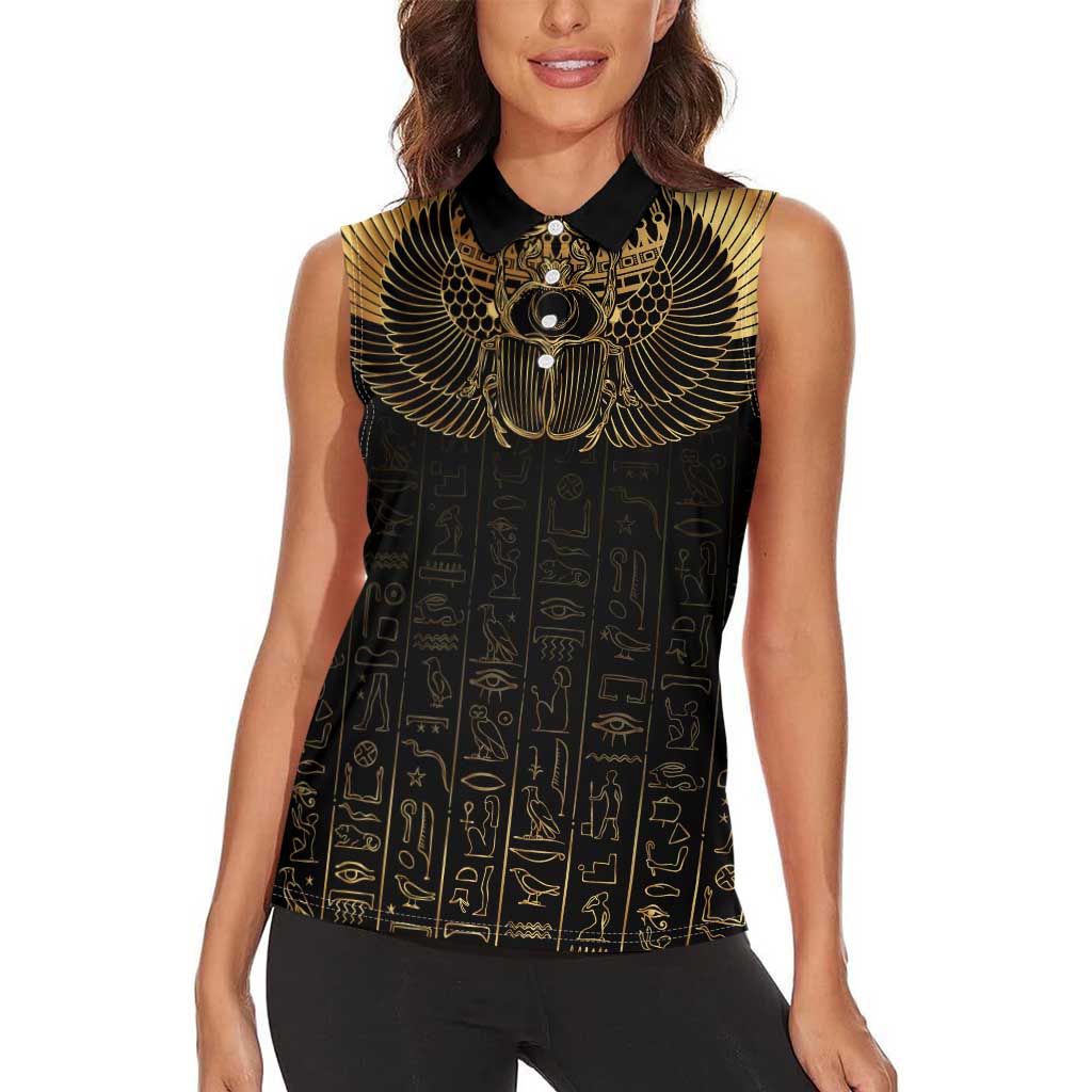 Ancient Egypt Scarab Women Sleeveless Polo Shirt Black Gold