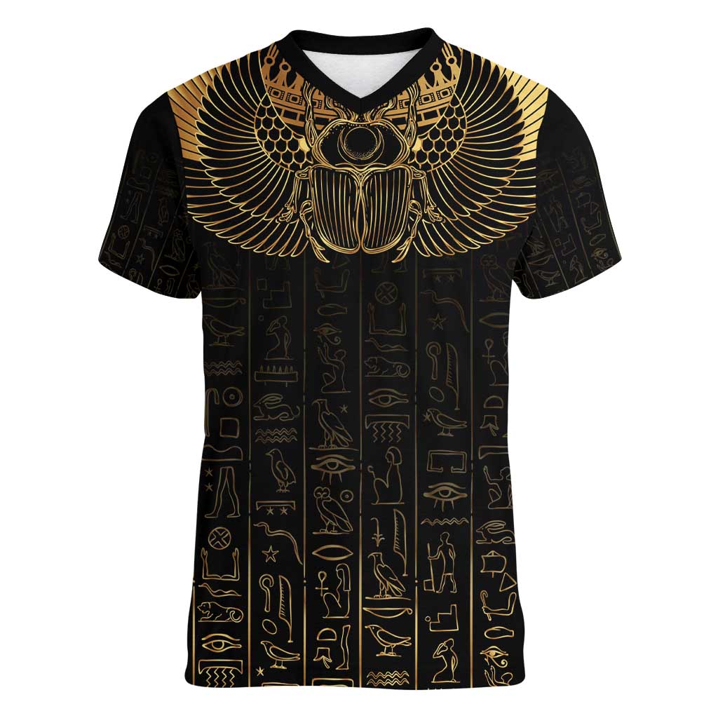 Ancient Egypt Scarab Women V-Neck T-Shirt Black Gold