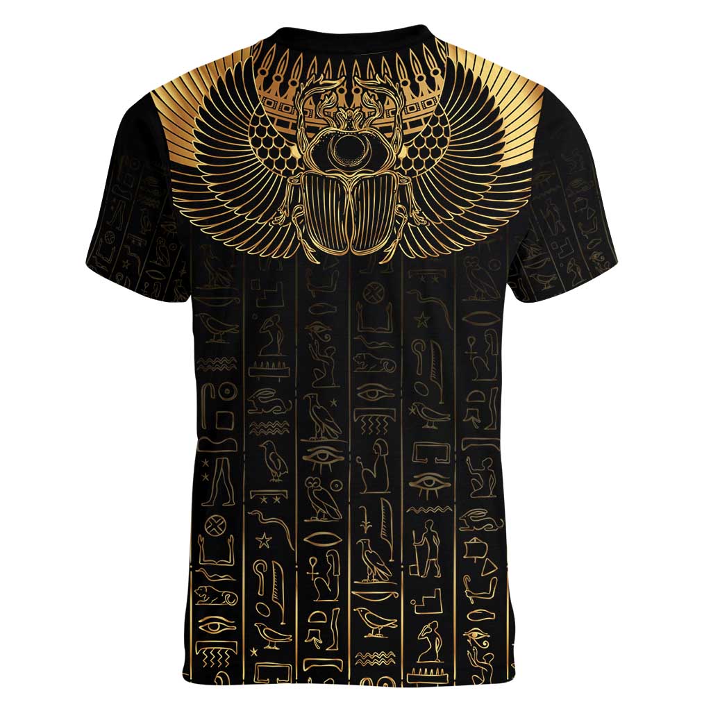 Ancient Egypt Scarab Women V-Neck T-Shirt Black Gold