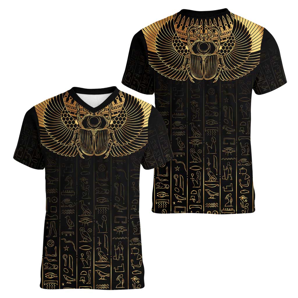 Ancient Egypt Scarab Women V-Neck T-Shirt Black Gold