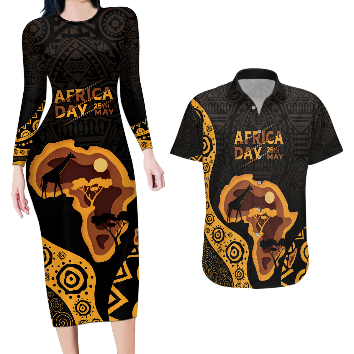 Africa Day Personalized Couples Matching Long Sleeve Bodycon Dress and Hawaiian Shirt Ethnic Retro Style LT7 - Wonder Print Shop