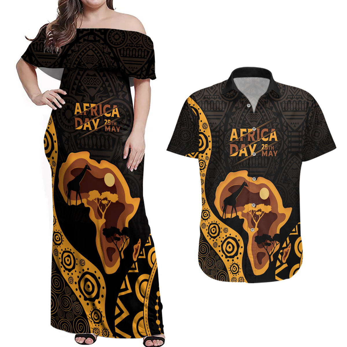Africa Day Personalized Couples Matching Off Shoulder Maxi Dress and Hawaiian Shirt Ethnic Retro Style LT7 - Wonder Print Shop