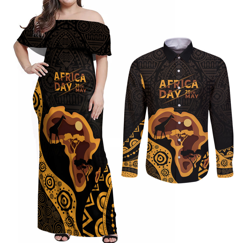 Africa Day Personalized Couples Matching Off Shoulder Maxi Dress and Long Sleeve Button Shirt Ethnic Retro Style LT7 - Wonder Print Shop