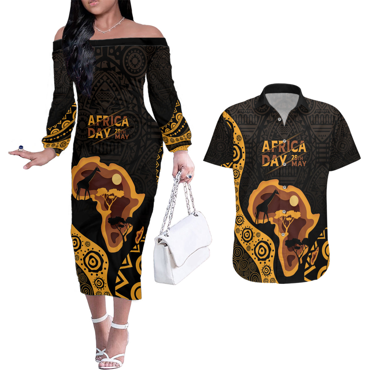 Africa Day Personalized Couples Matching Off The Shoulder Long Sleeve Dress and Hawaiian Shirt Ethnic Retro Style LT7 - Wonder Print Shop