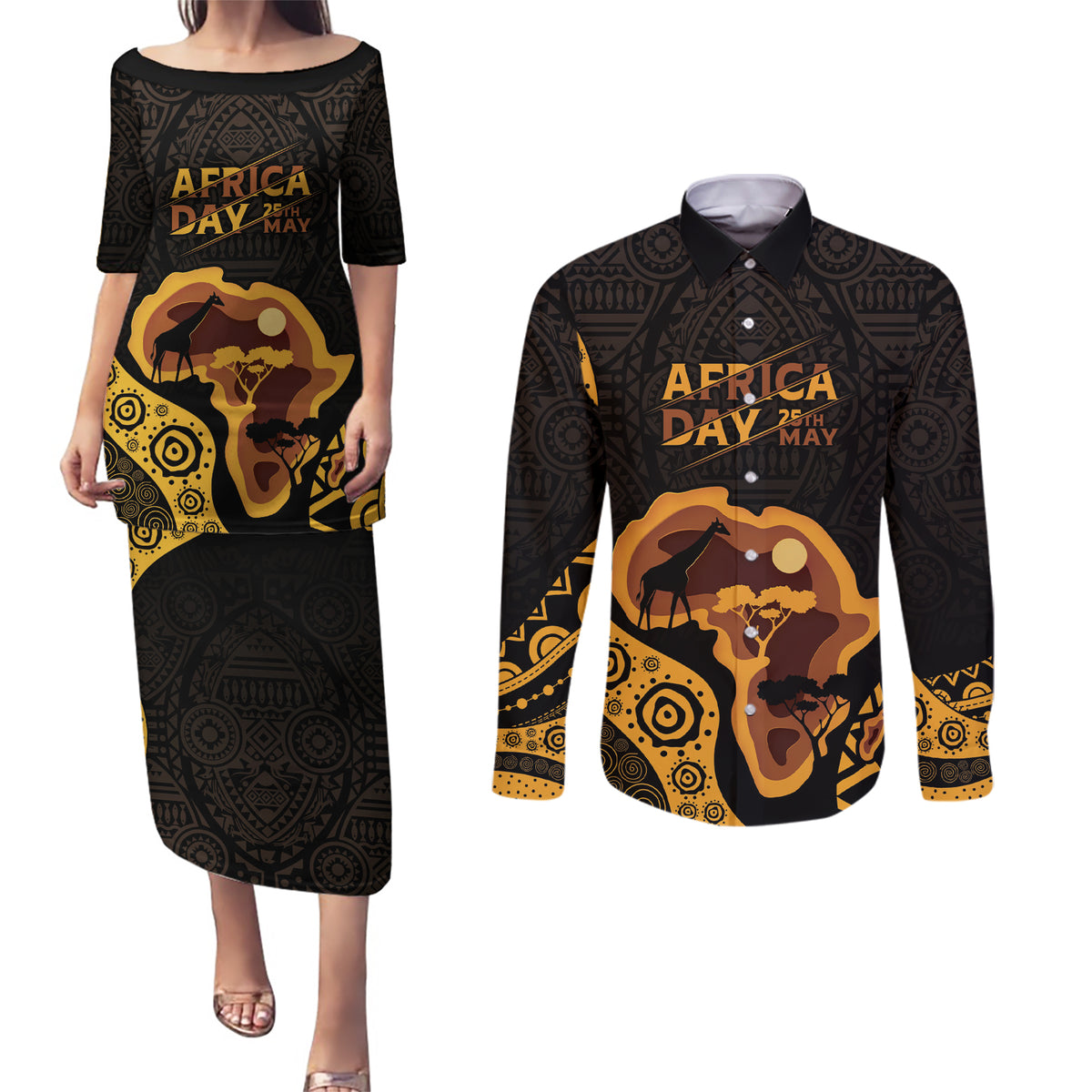 Africa Day Personalized Couples Matching Puletasi and Long Sleeve Button Shirt Ethnic Retro Style LT7 - Wonder Print Shop