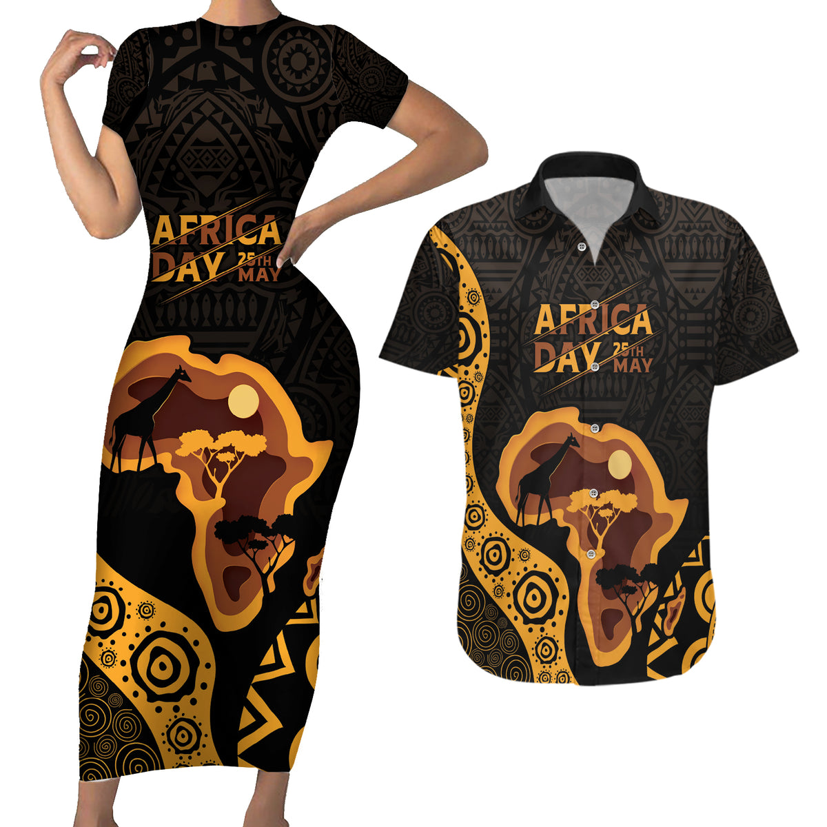 Africa Day Personalized Couples Matching Short Sleeve Bodycon Dress and Hawaiian Shirt Ethnic Retro Style LT7 - Wonder Print Shop