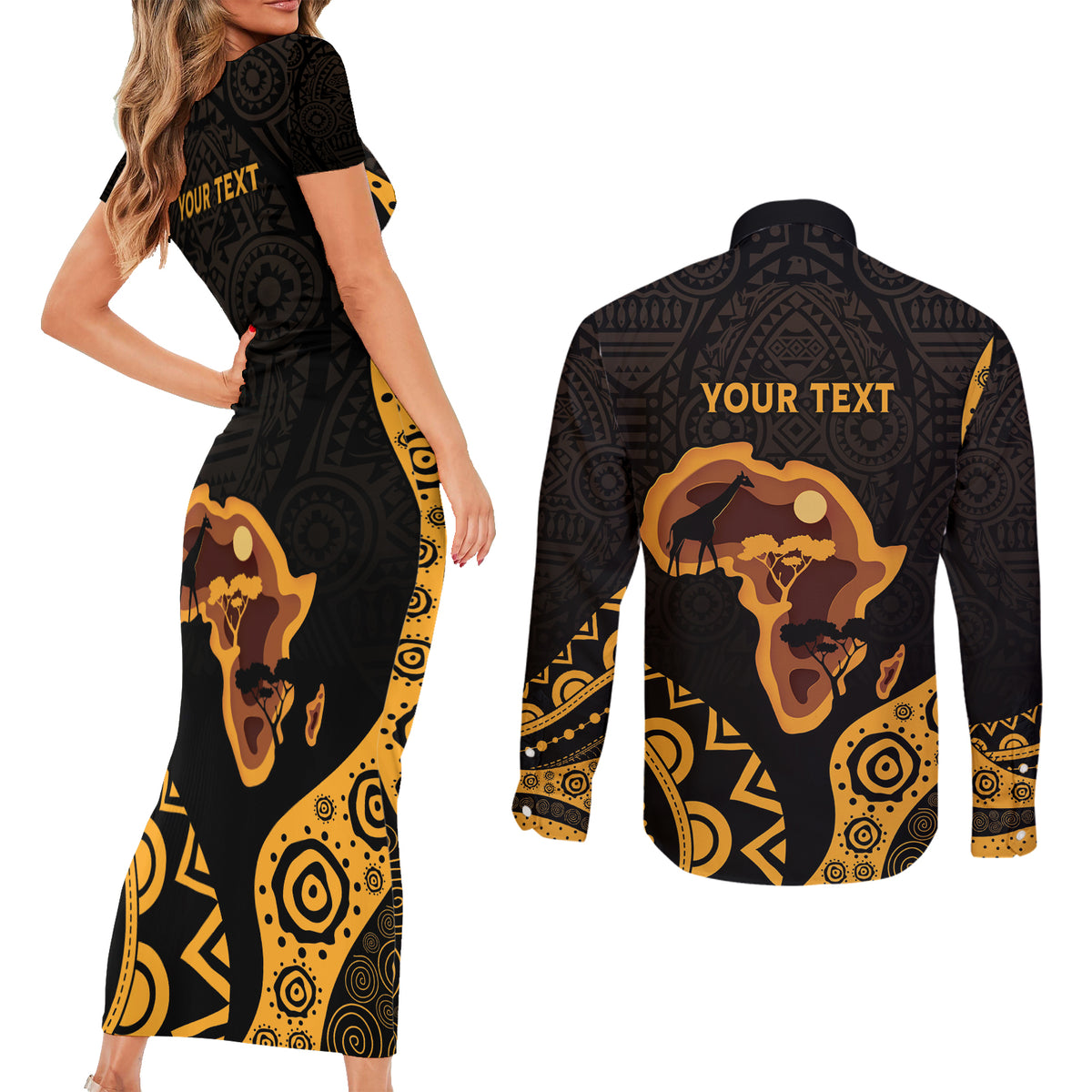 Africa Day Personalized Couples Matching Short Sleeve Bodycon Dress and Long Sleeve Button Shirt Ethnic Retro Style LT7 - Wonder Print Shop