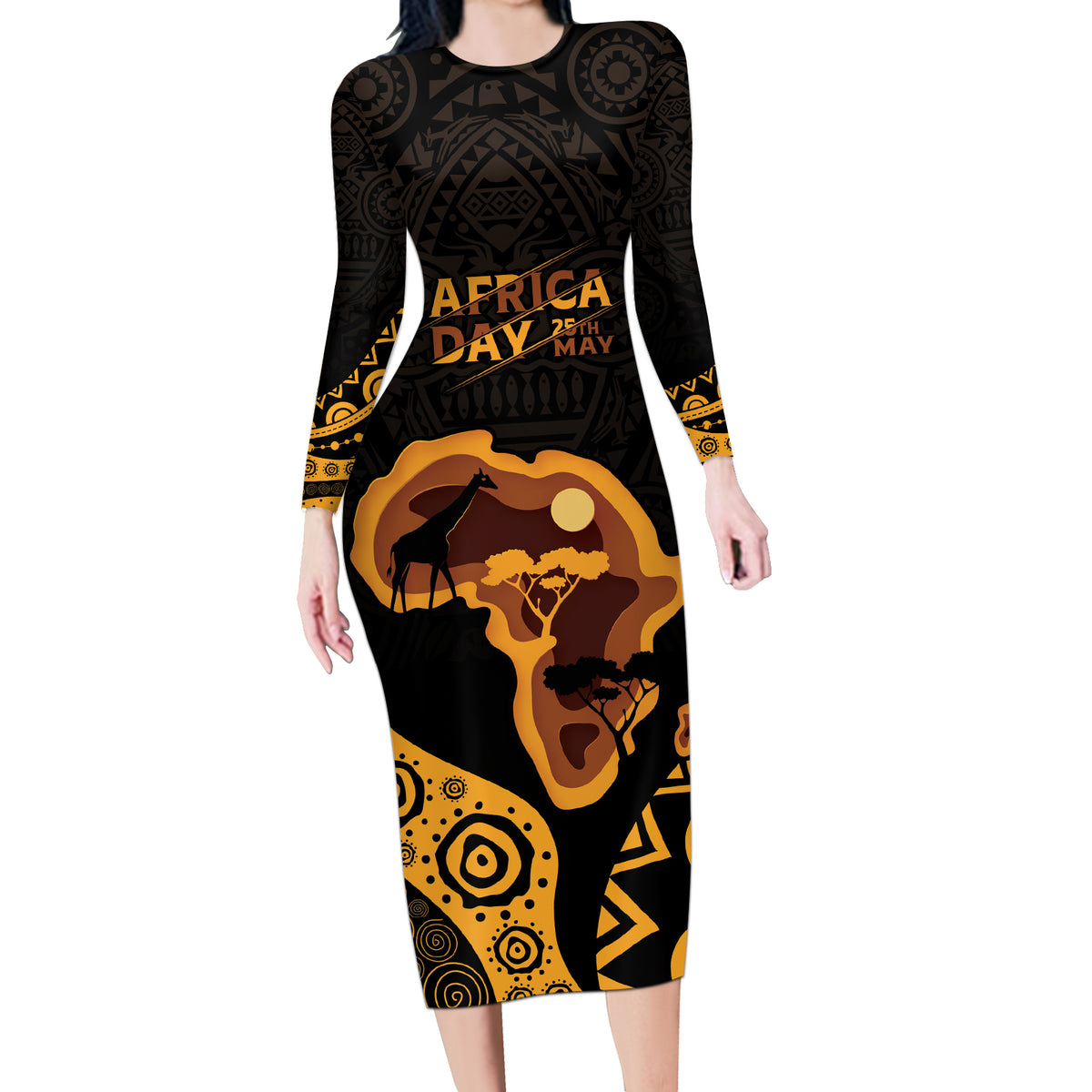 Africa Day Personalized Long Sleeve Bodycon Dress Ethnic Retro Style - Wonder Print Shop